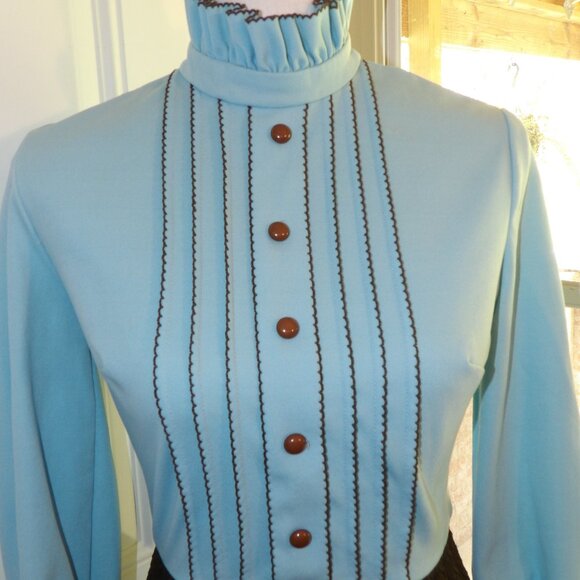 Women's Blue and Brown Ruffled Bodice Polyester Dress Momentum Small 1970s - Picture 6 of 7